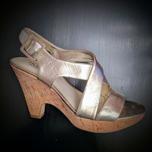 Franco Sarto | Gold Cork Heel Platform Sandals